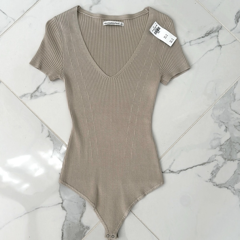 Abercrombie & Fitch Ribbed Bodysuit in Taupe